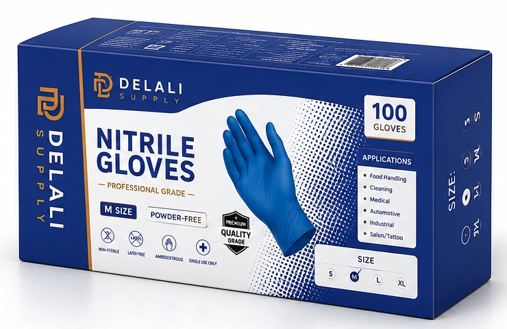 Delali Supply blue nitrile gloves packaging