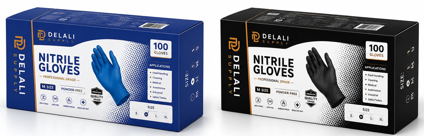 Delali Supply blue and black nitrile glove packaging